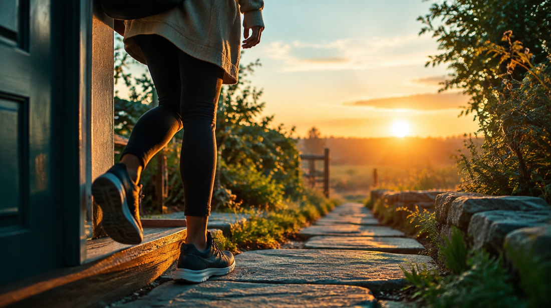 A person stepping out their front door onto a garden path at sunrise