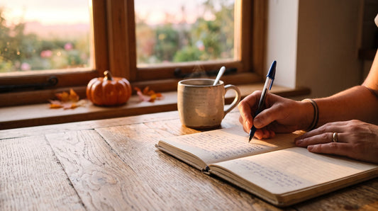 A hand writing in a notebook beside a cup of coffee and a small pumpkin in warm morning light