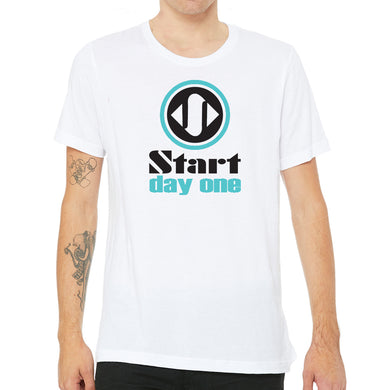 Start Day One | Traditional Logo Design on White Crew Neck T-Shirt