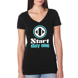Start Day One | Horizontal Logo on Women's Black V-Neck T-Shirt