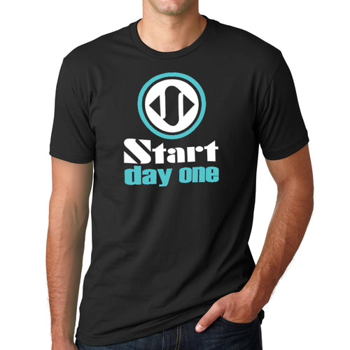 Start Day One | Traditional Logo Design on Black Crew Neck T-Shirt