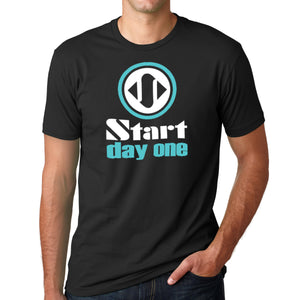 Start Day One | Traditional Logo Design on Black Crew Neck T-Shirt